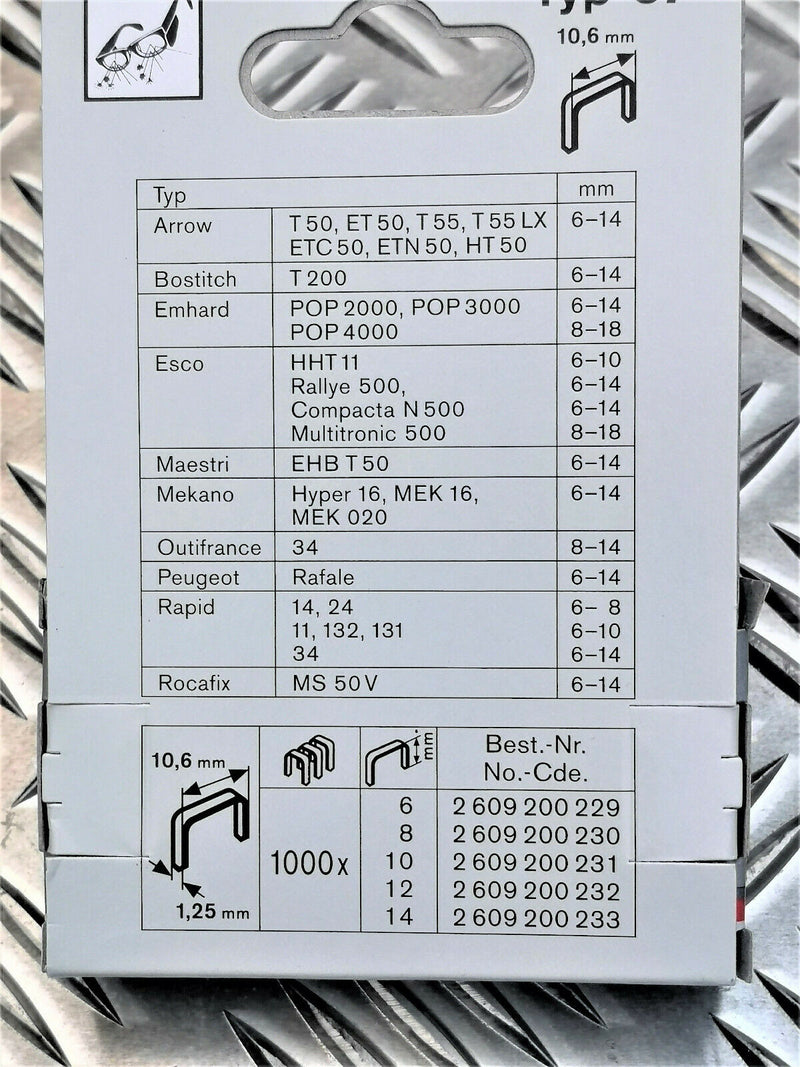 1000 Bosch Feindrahtklammer Klammer TYP 57 10,6x1,25 x 8mm 2609255 / 2609200230